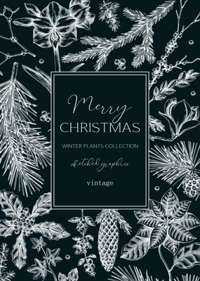 Vintage Christmas card design. Winter nature frame. Conifer trees, winter flowers  sketches. Hand drawn vector illustration on chalkboard. NOT AI generated